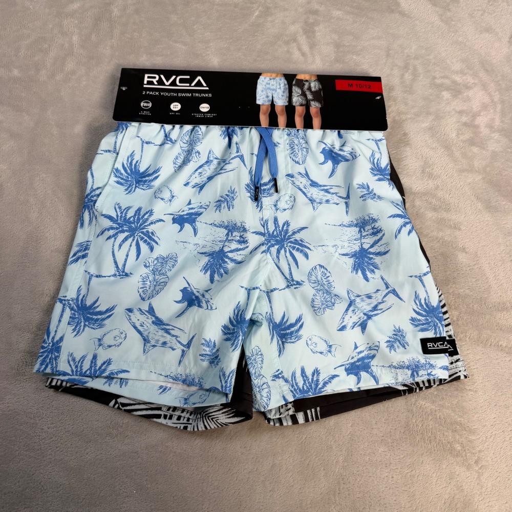 RVCA Swim Trunks 2 Pack Youth M 10/12 Blue Black Polyester Stretch Boardshorts